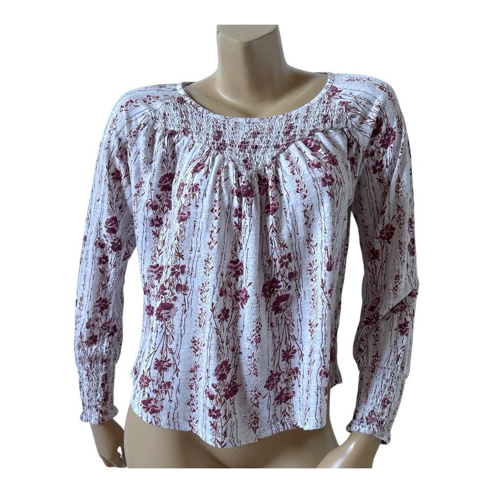 Lucky Brand Blouse Womens S White Red Floral Smocked Long Sleeve Boho Stretch